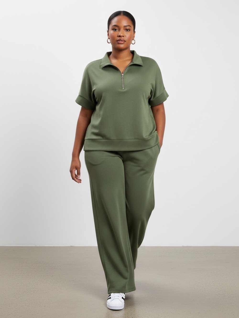 1567 • Plus Moss Buttery Soft Scuba Short Sleeve Quarter Zip Pant Set